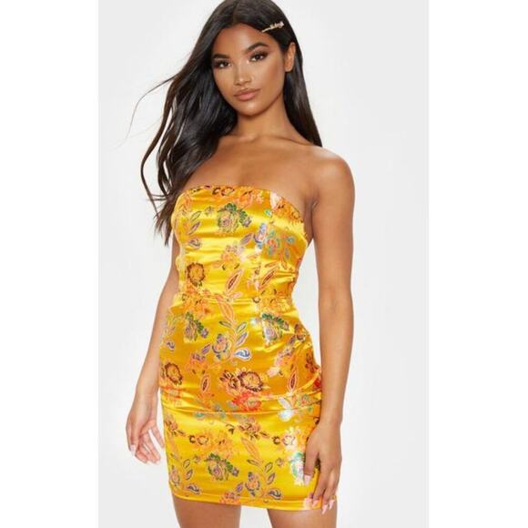 PrettyLittleThing Dresses & Skirts - Pretty Little Thing Mustard Oriental Satin Bandeau Lace Up Dress Size 6